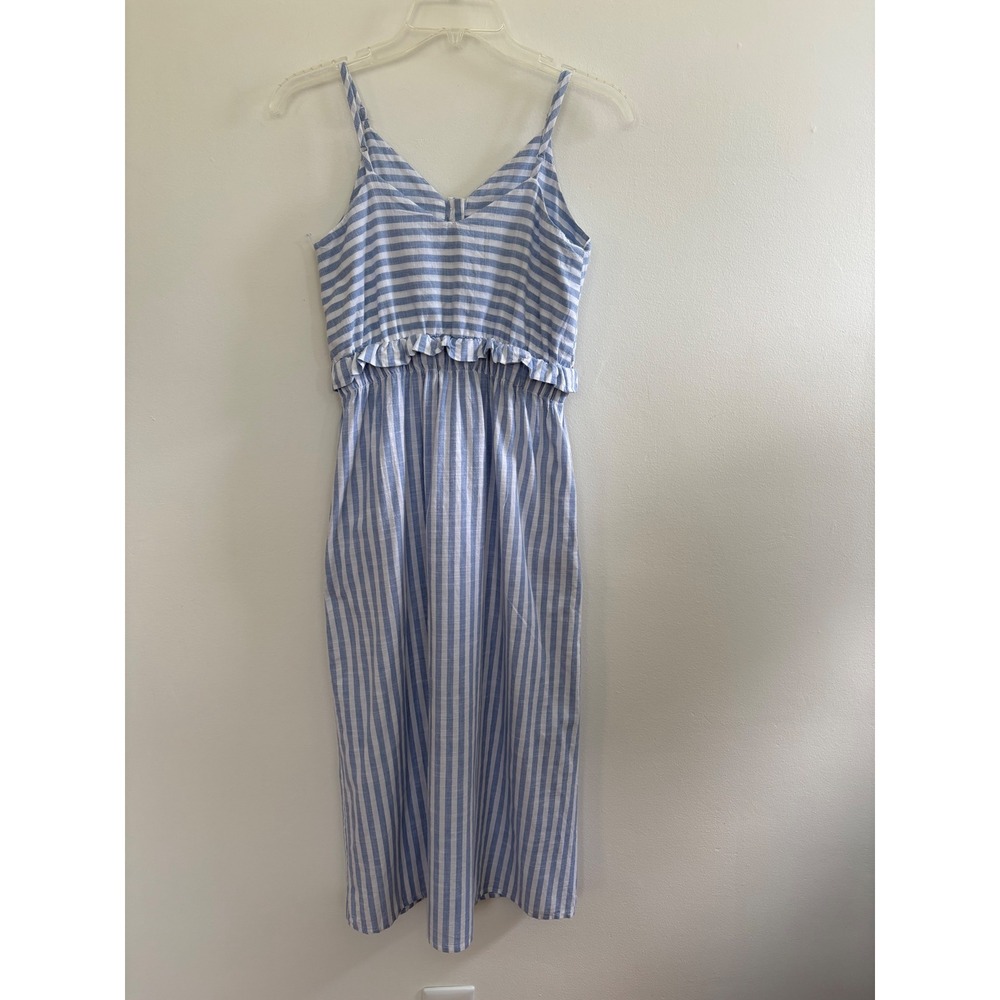 Japna Blue White Striped Cotton Wide Leg Jumpsuit Ruffle Waist Small‎